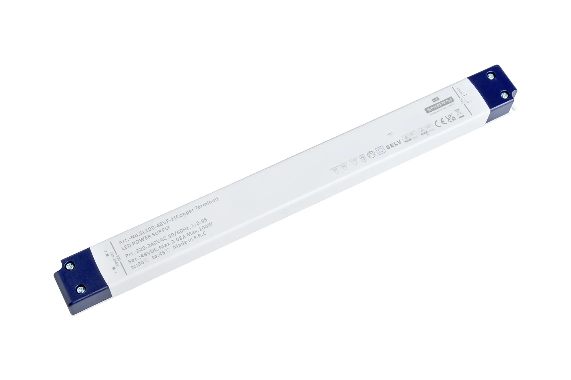 SL100-48VF-1  100W, Constant Voltage Non Dimmable LED Driver, 48VDC, 2.08A, Input 200-240VAC 50/60Hz, IP20.